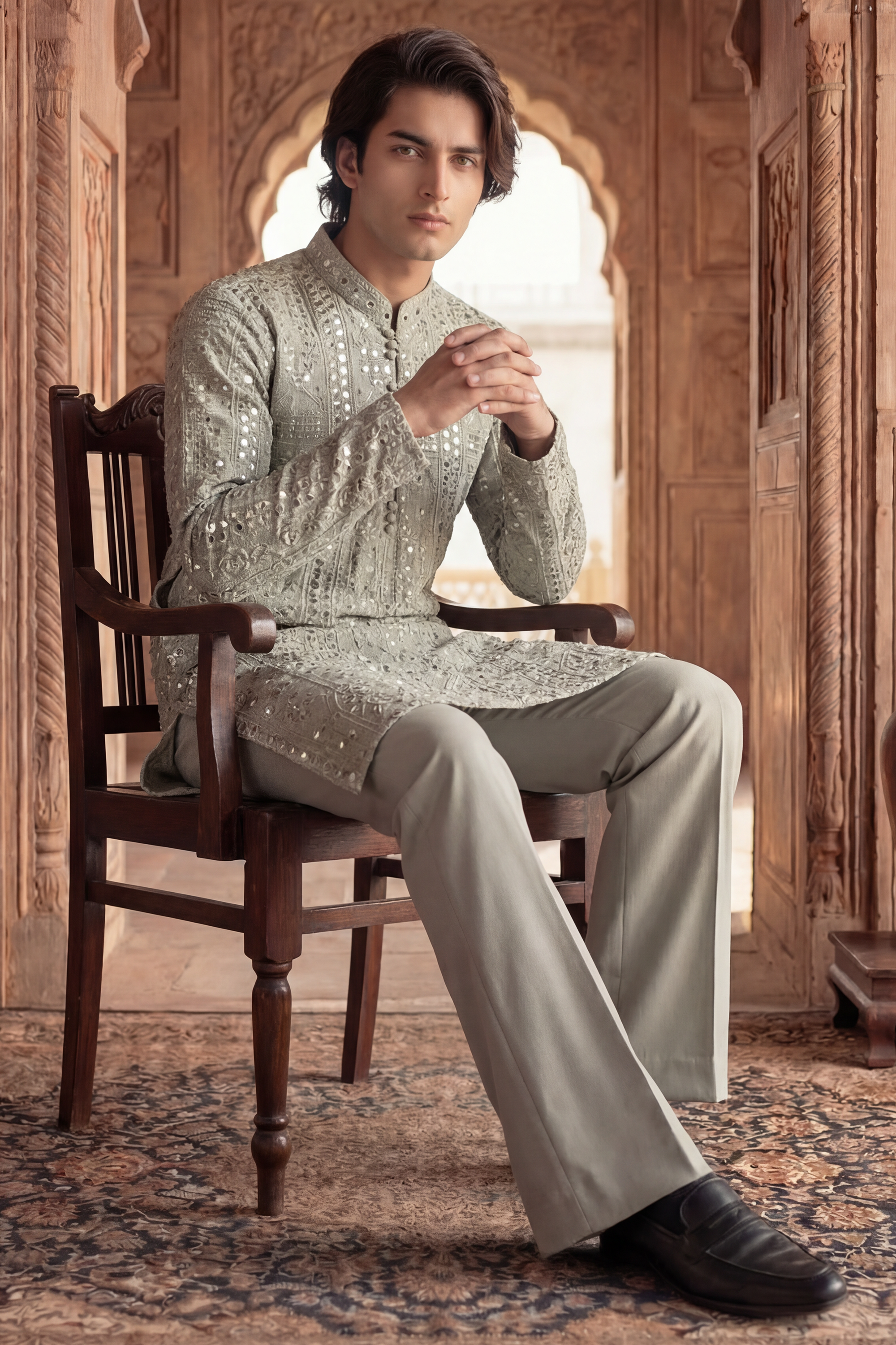 Soft Olive Green Sequin Embroidered Kurta Trouser Set