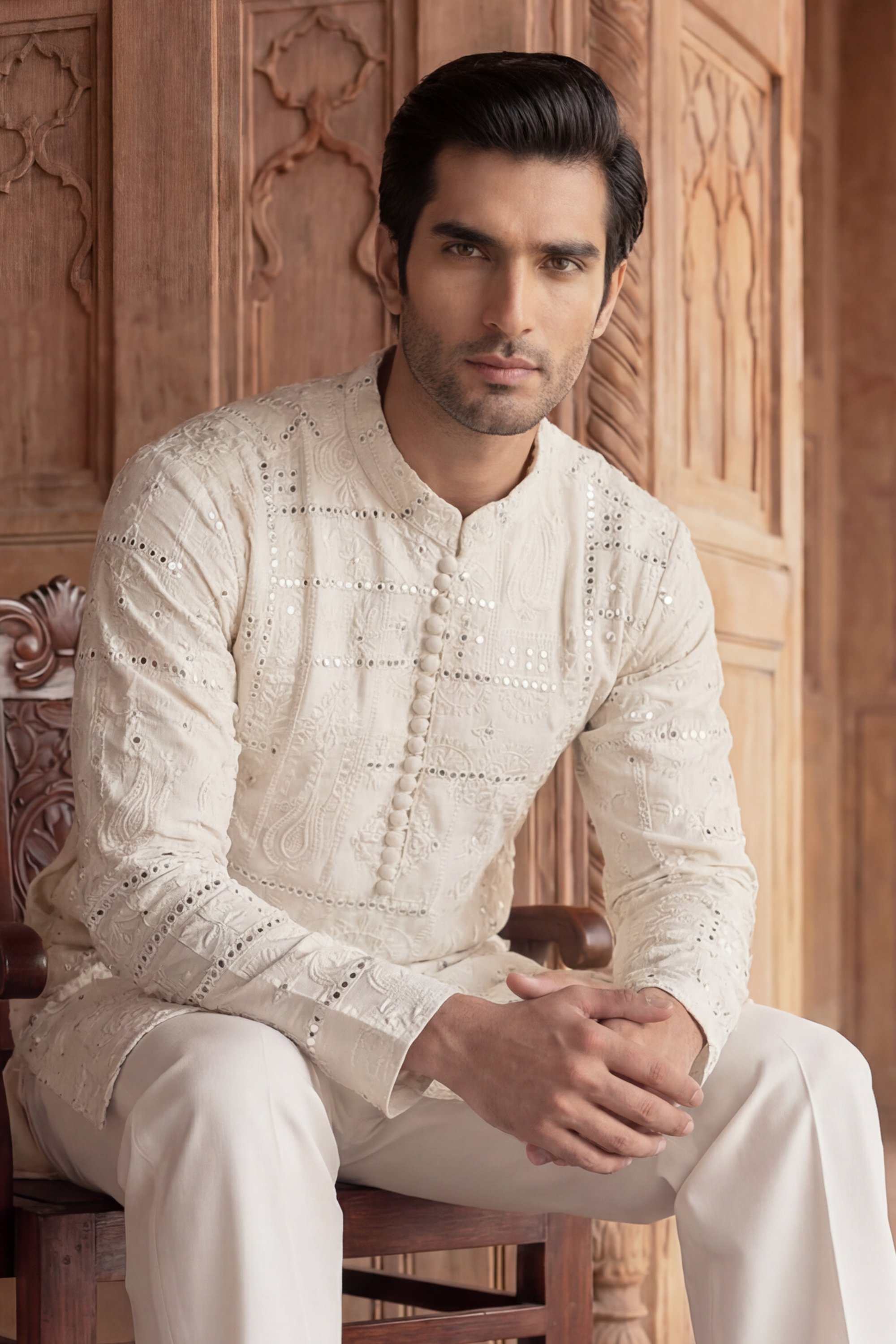 Pearl White Sequin Embroidered Kurta Trouser Set