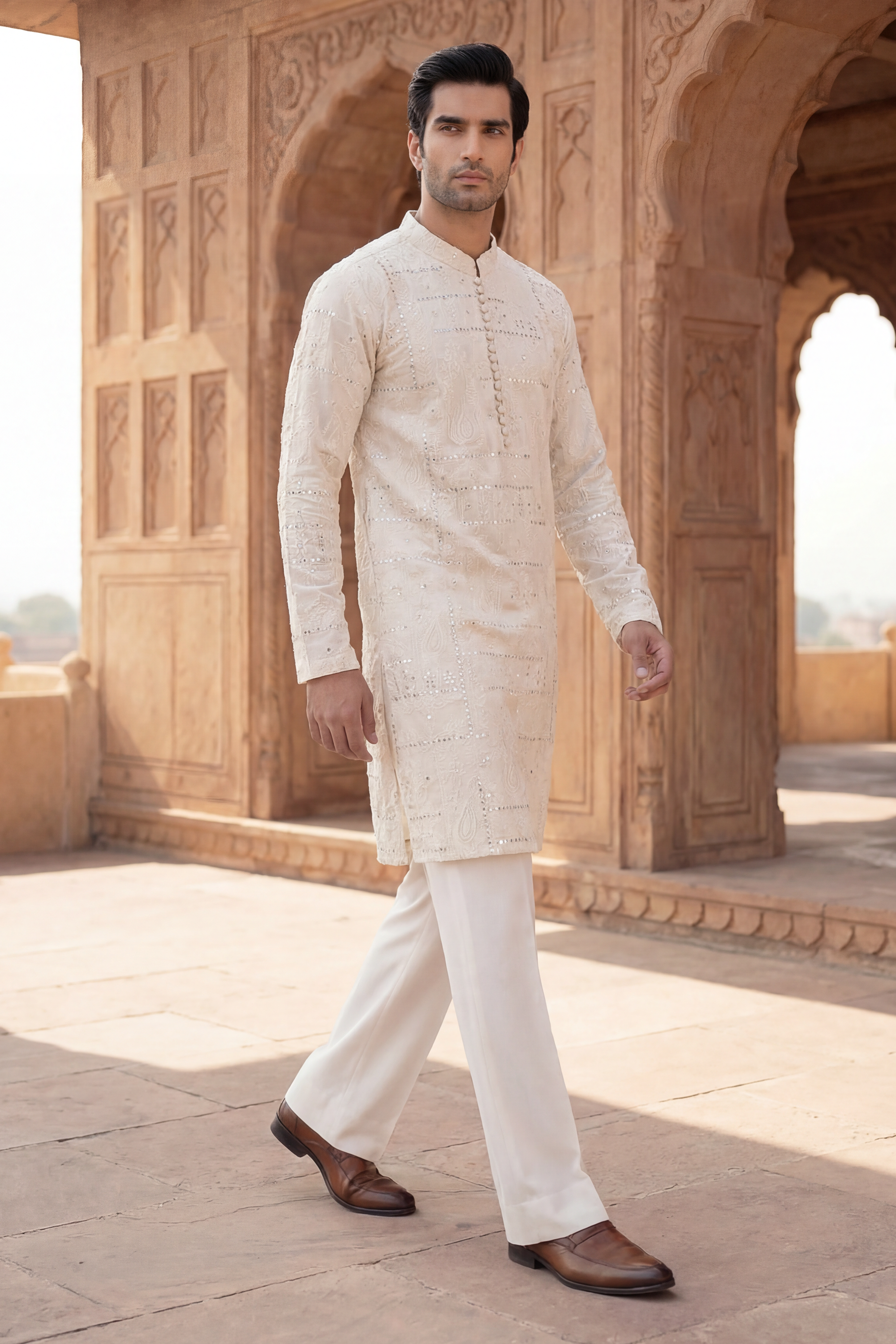 Pearl White Sequin Embroidered Kurta Trouser Set