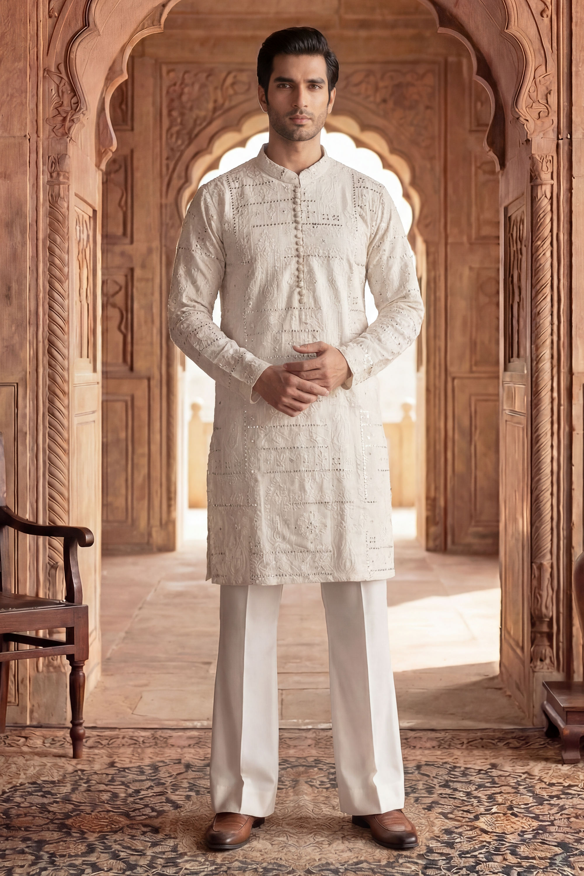 Pearl White Sequin Embroidered Kurta Trouser Set