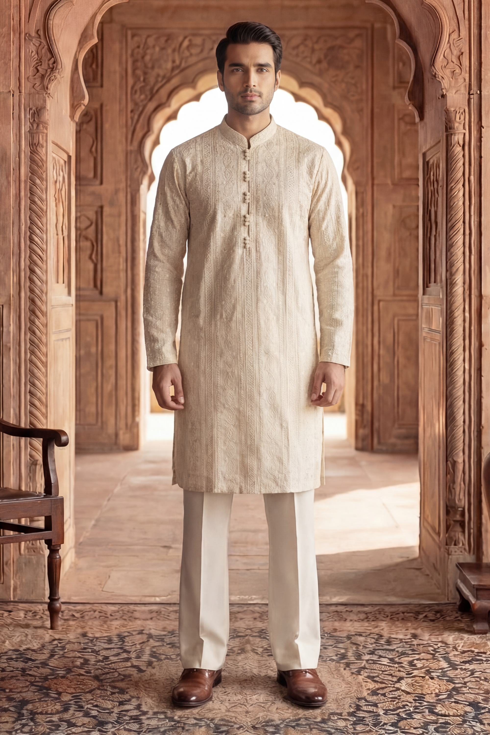 Off-White Beige Sequin Embroidered Kurta Trouser Set