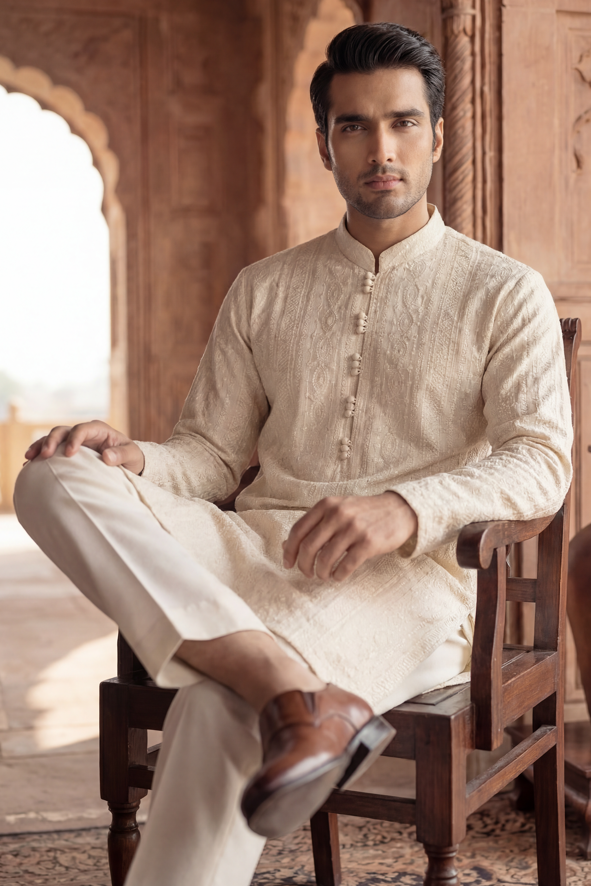 Off-White Beige Sequin Embroidered Kurta Trouser Set