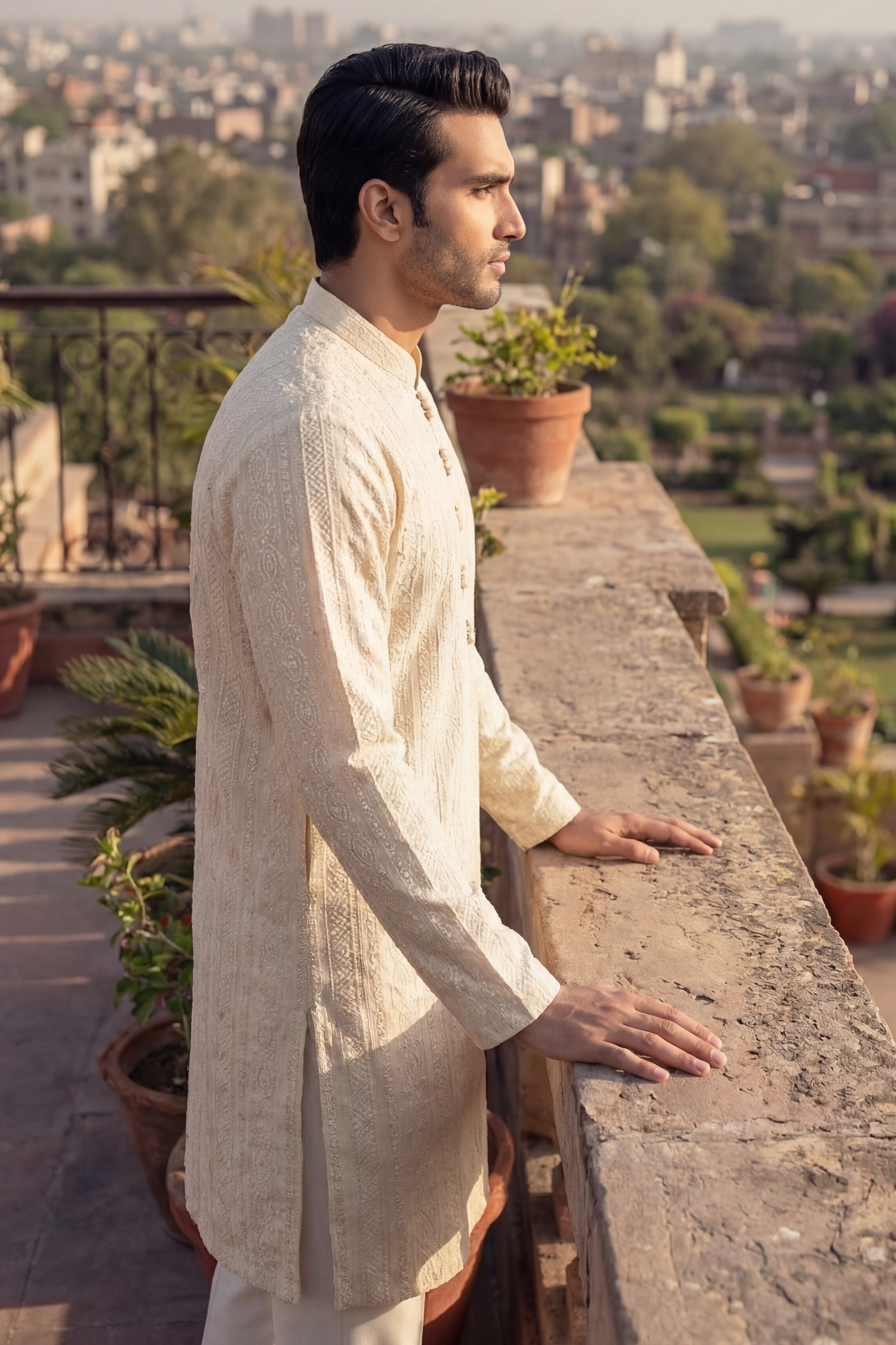 Off-White Beige Sequin Embroidered Kurta Trouser Set