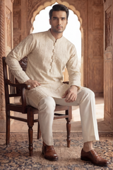 Off-White Beige Sequin Embroidered Kurta Trouser Set