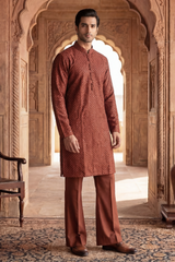Tan Brown Sequin Embroidered Kurta Trouser Set