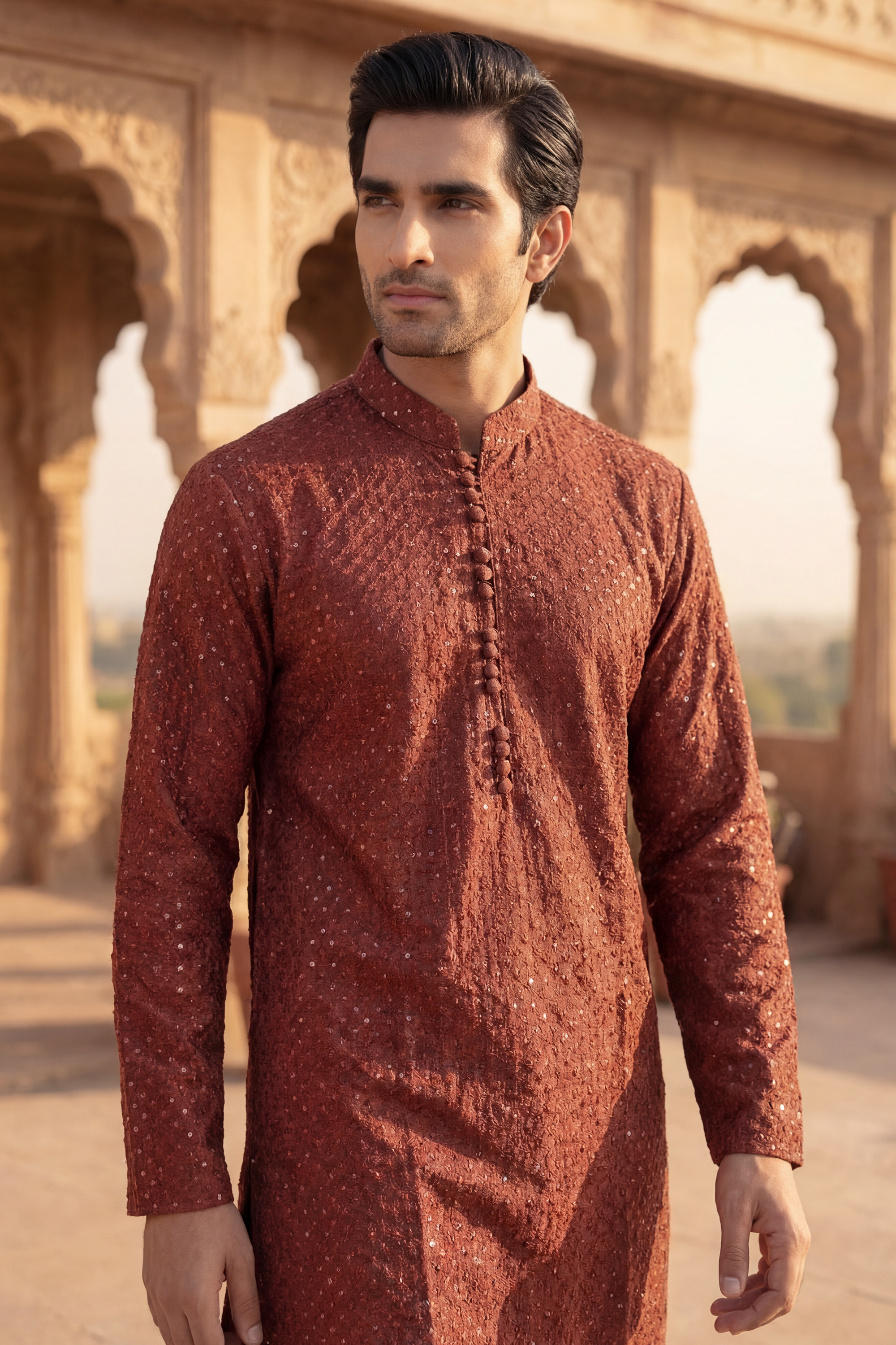 Tan Brown Sequin Embroidered Kurta Trouser Set