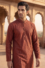Tan Brown Sequin Embroidered Kurta Trouser Set