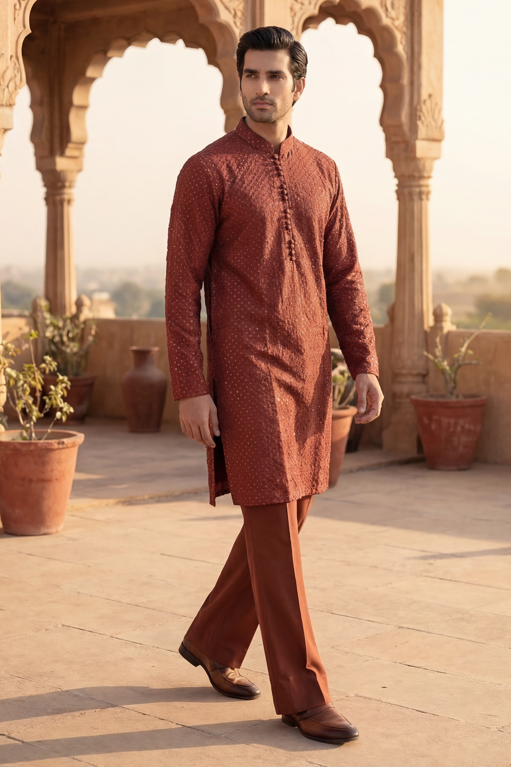 Tan Brown Sequin Embroidered Kurta Trouser Set