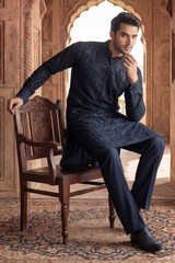 Dark Sapphire Sequin Embroidered Kurta Trouser Set