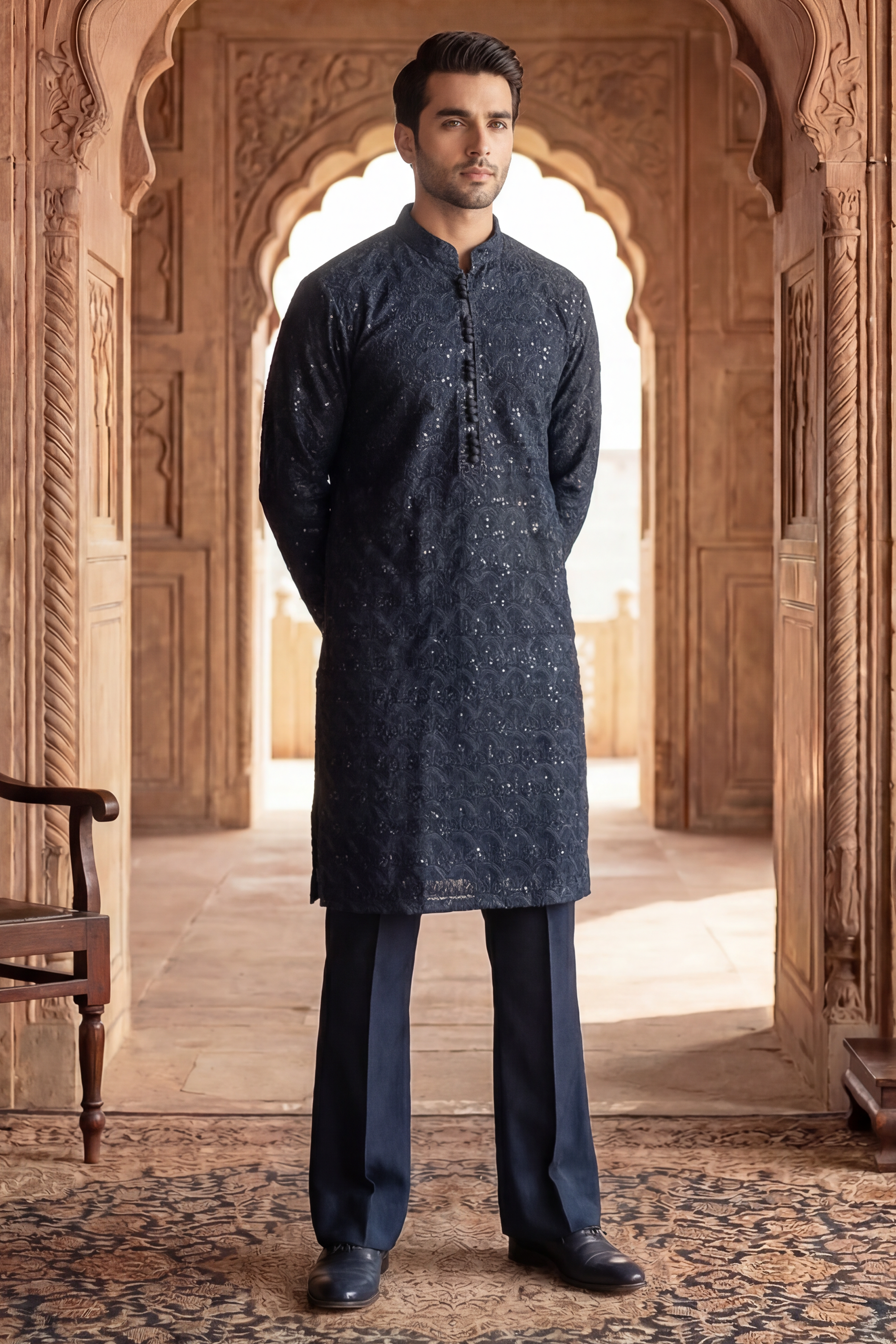 Dark Sapphire Sequin Embroidered Kurta Trouser Set