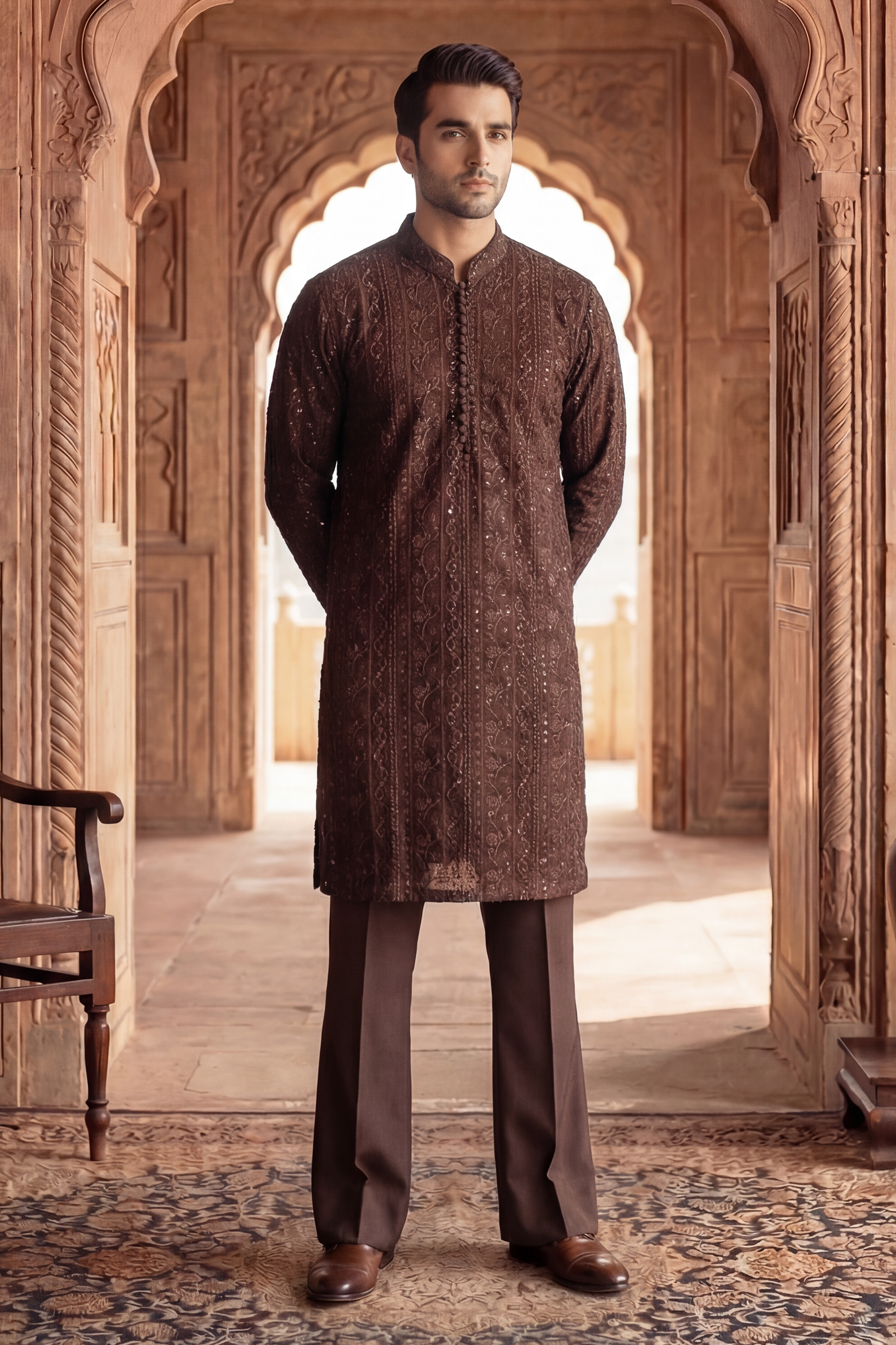 Dark Brown Sequin Embroidered Kurta Trouser Set