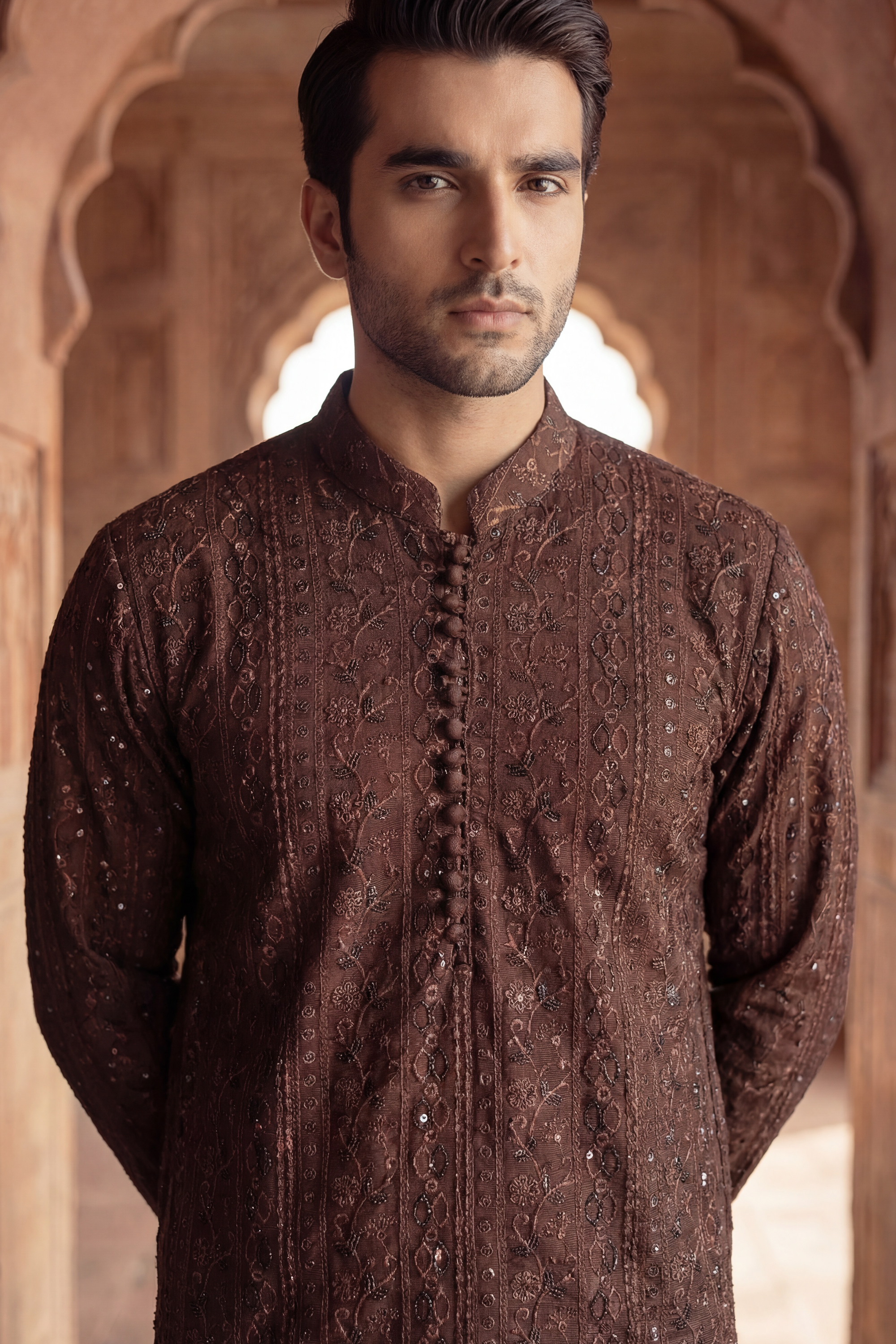 Dark Brown Sequin Embroidered Kurta Trouser Set
