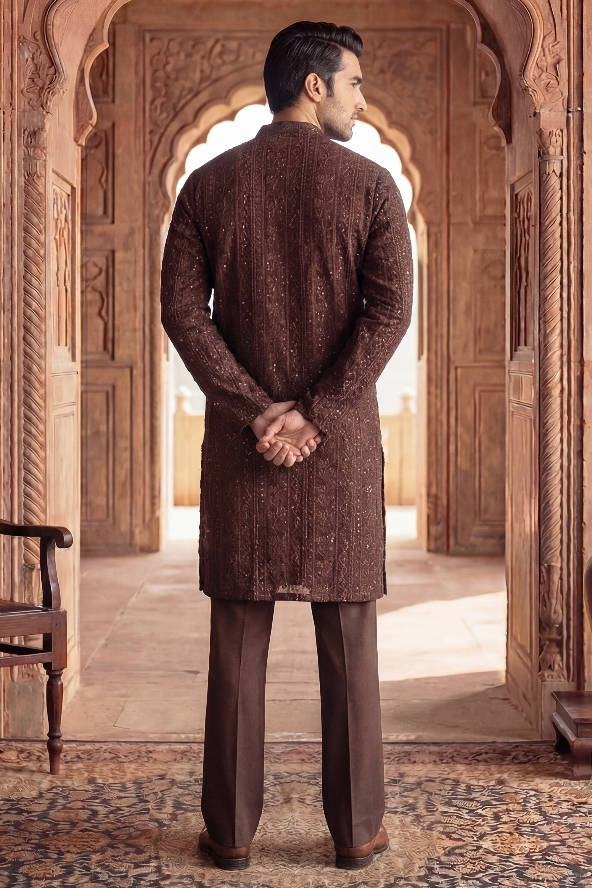 Dark Brown Sequin Embroidered Kurta Trouser Set