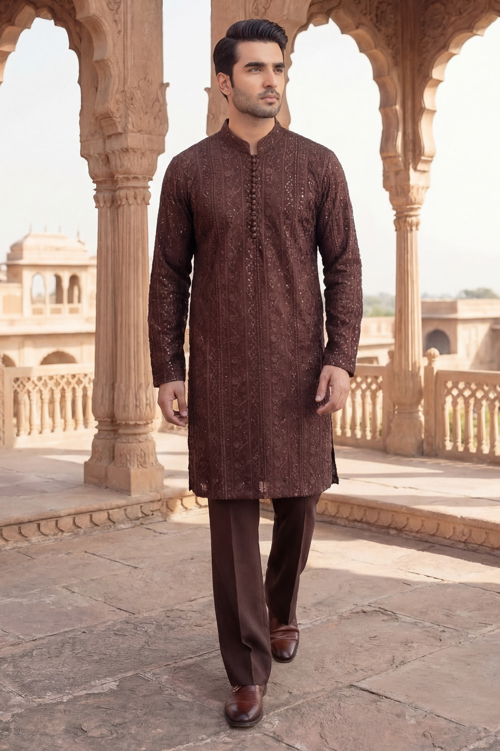 Dark Brown Sequin Embroidered Kurta Trouser Set