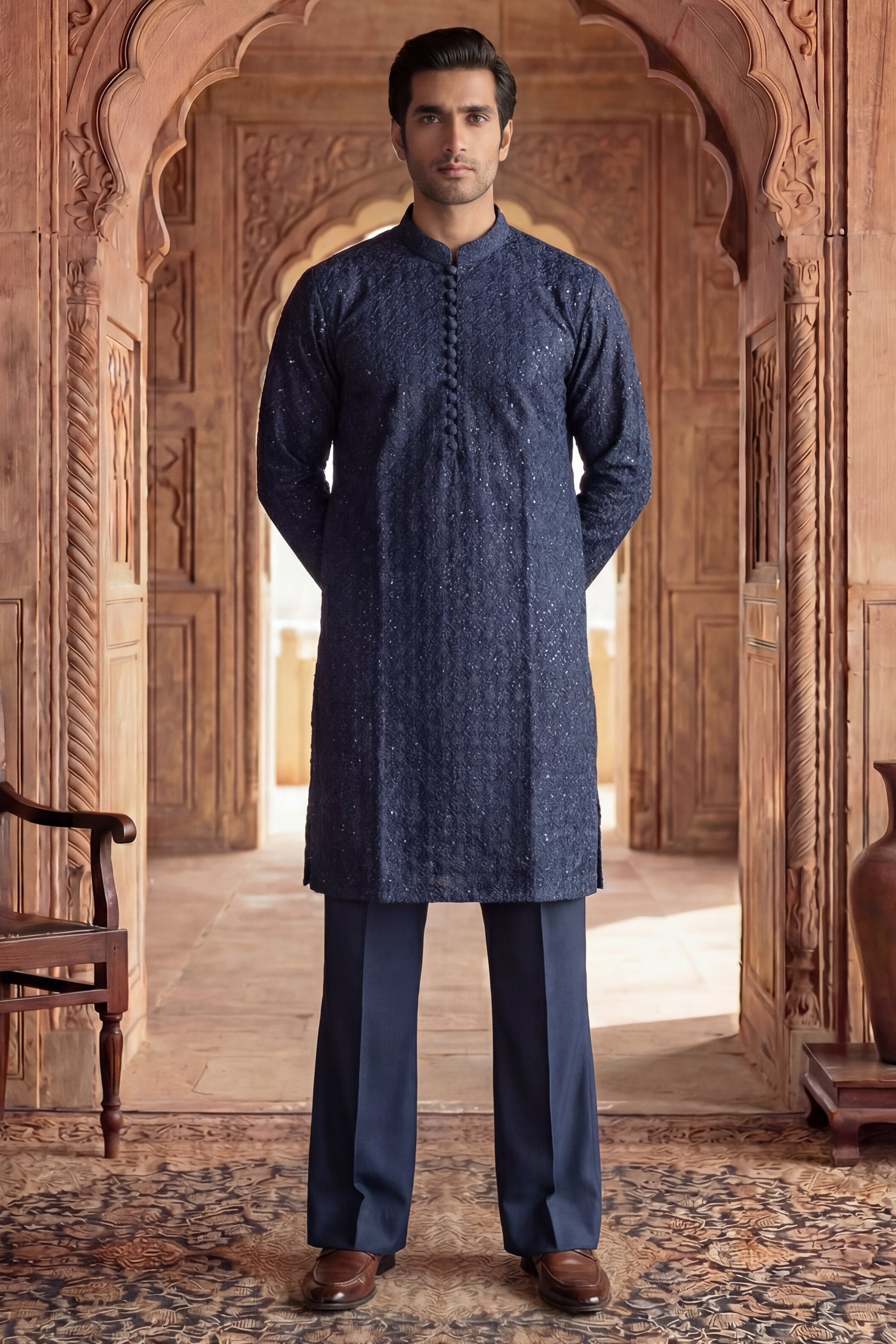 Navy Blue Sequin Embroidered Kurta Trouser Set