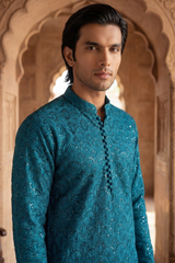 Deep Teal Sequin Embroidered Kurta Trouser Set