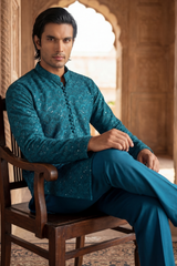 Deep Teal Sequin Embroidered Kurta Trouser Set