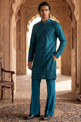 Deep Teal Sequin Embroidered Kurta Trouser Set