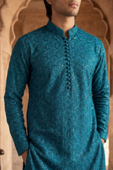 Deep Teal Sequin Embroidered Kurta Trouser Set