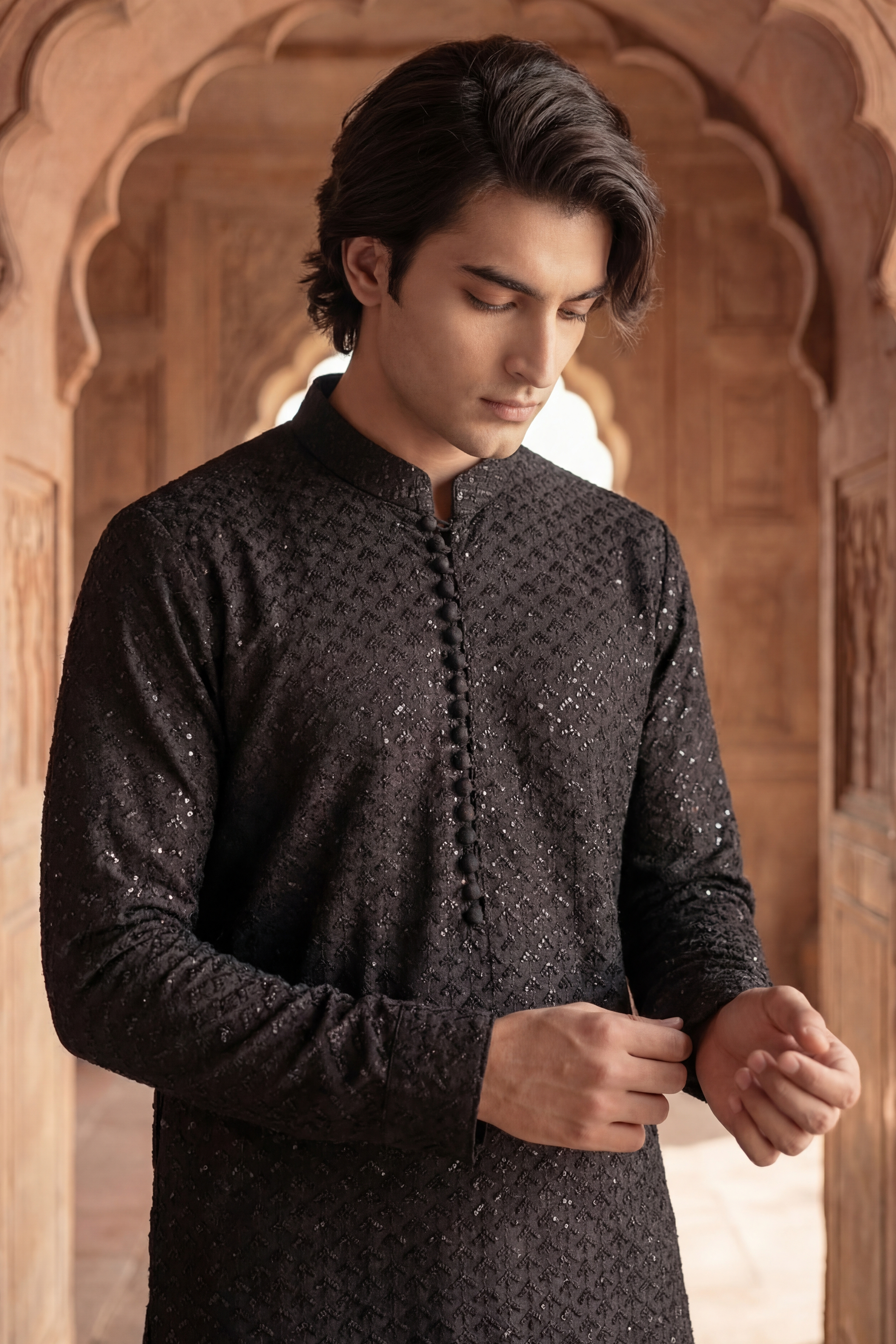 Black Sequin Embroidered Kurta Trouser Set