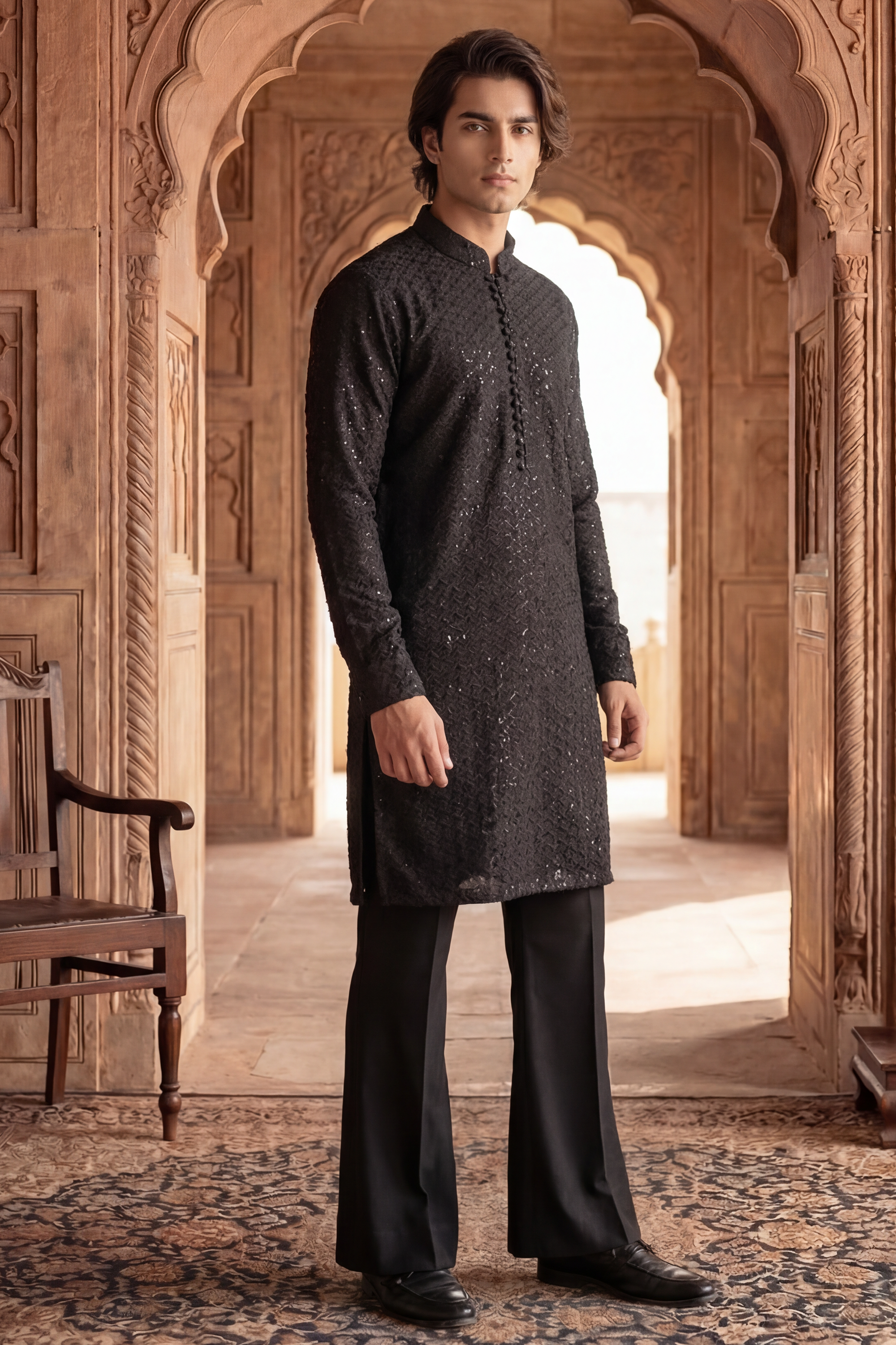 Black Sequin Embroidered Kurta Trouser Set