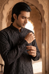Black Floral Brocade Embroidered Kurta Trouser Set