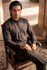 Black Floral Brocade Embroidered Kurta Trouser Set