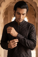 Black Floral Brocade Embroidered Kurta Trouser Set