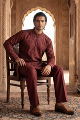 Dark Burgundy Sequin Embroidered Kurta Trouser Set
