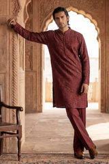 Dark Burgundy Sequin Embroidered Kurta Trouser Set