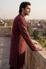 Dark Burgundy Sequin Embroidered Kurta Trouser Set