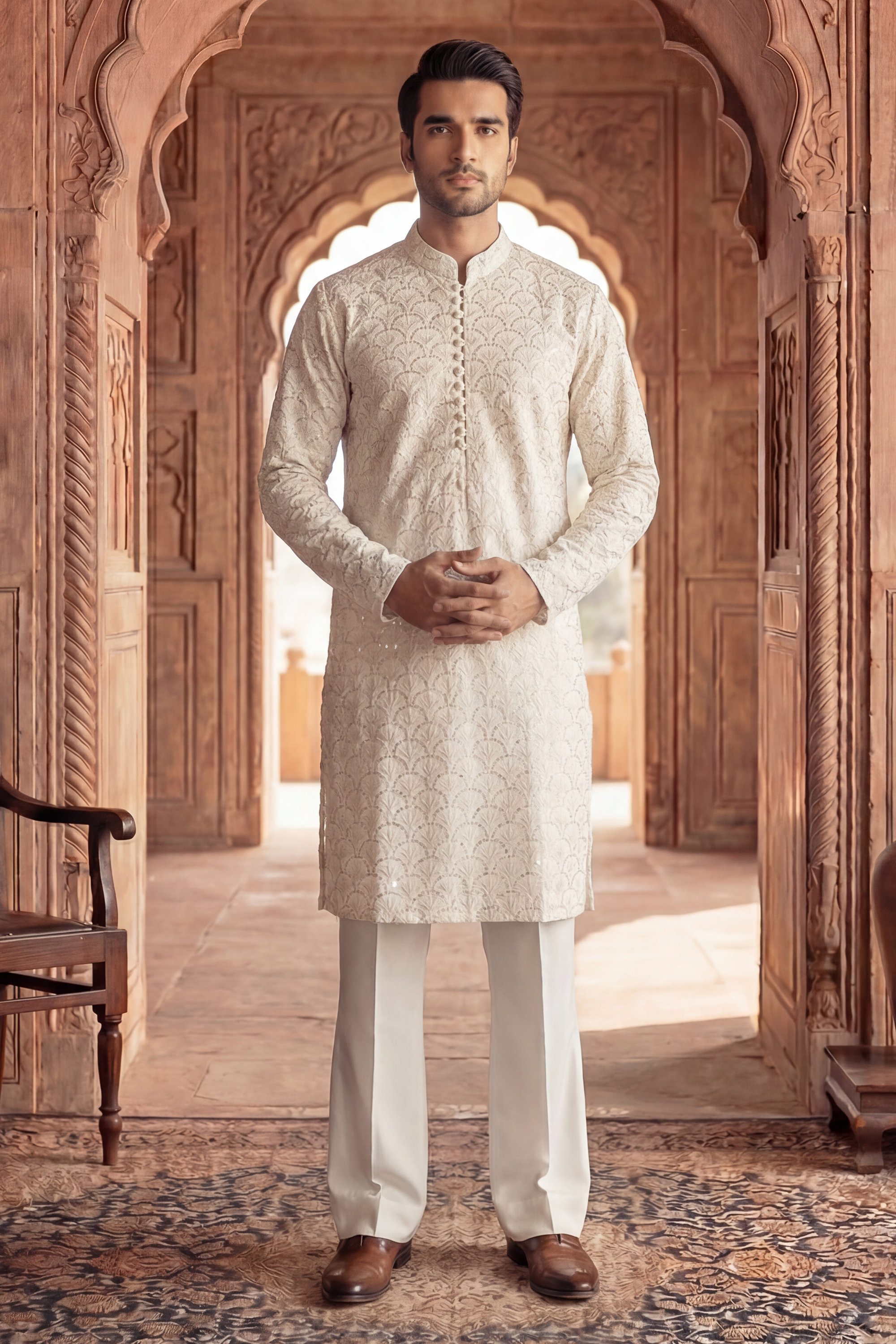 Creamy White Sequin Embroidered Kurta Trouser Set