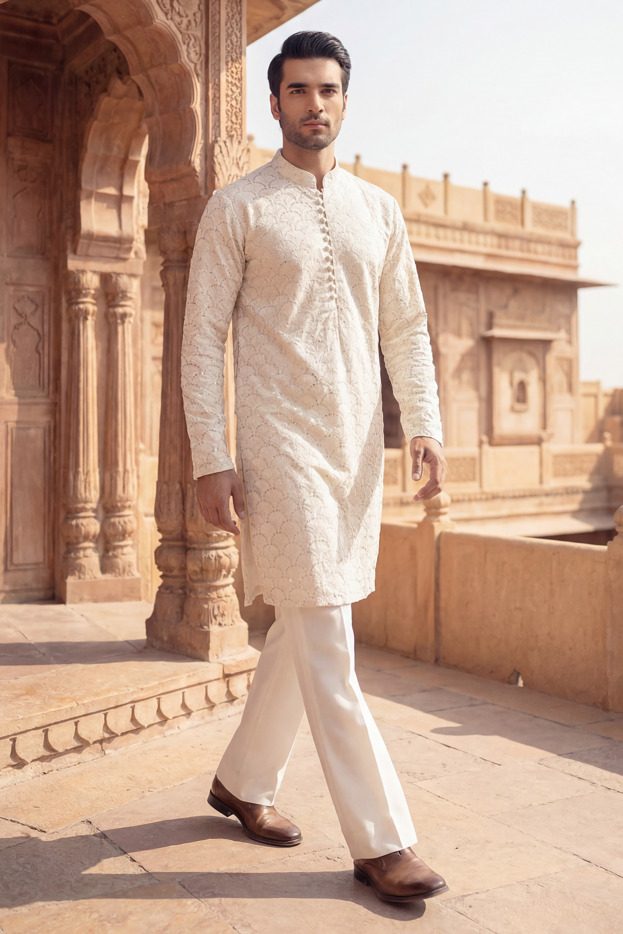 Creamy White Sequin Embroidered Kurta Trouser Set