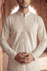Creamy White Sequin Embroidered Kurta Trouser Set
