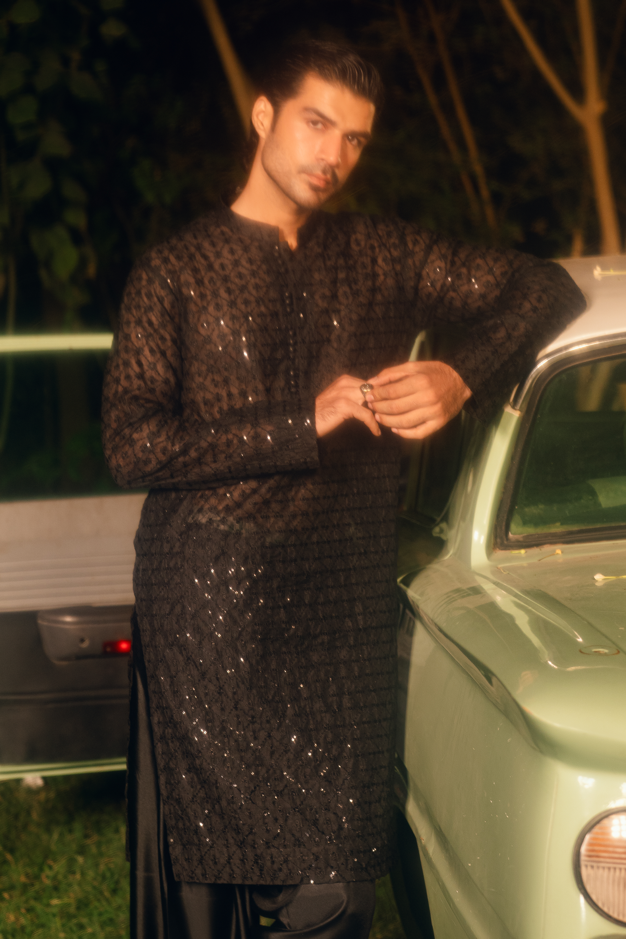 Onyx Black Tropical Silk Kurta & Farshi Shalwar