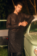 Onyx Black Tropical Silk Kurta & Farshi Shalwar