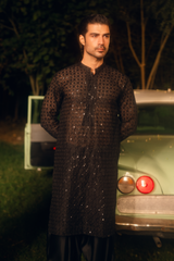 Onyx Black Tropical Silk Kurta & Farshi Shalwar