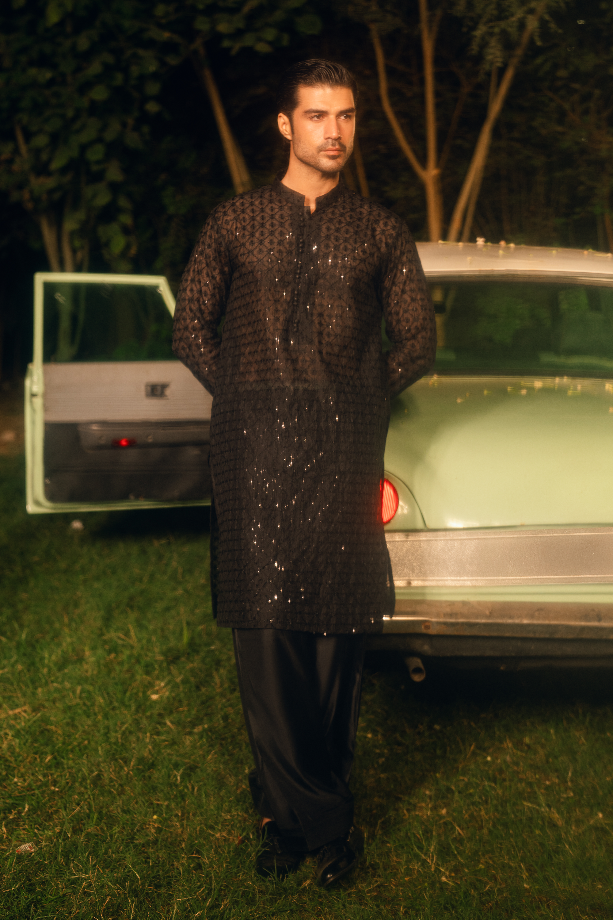 Onyx Black Tropical Silk Kurta & Farshi Shalwar