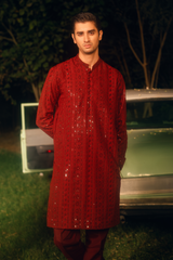 Scarlet Red Tropical Silk Embroidered Kurta Pajama Set