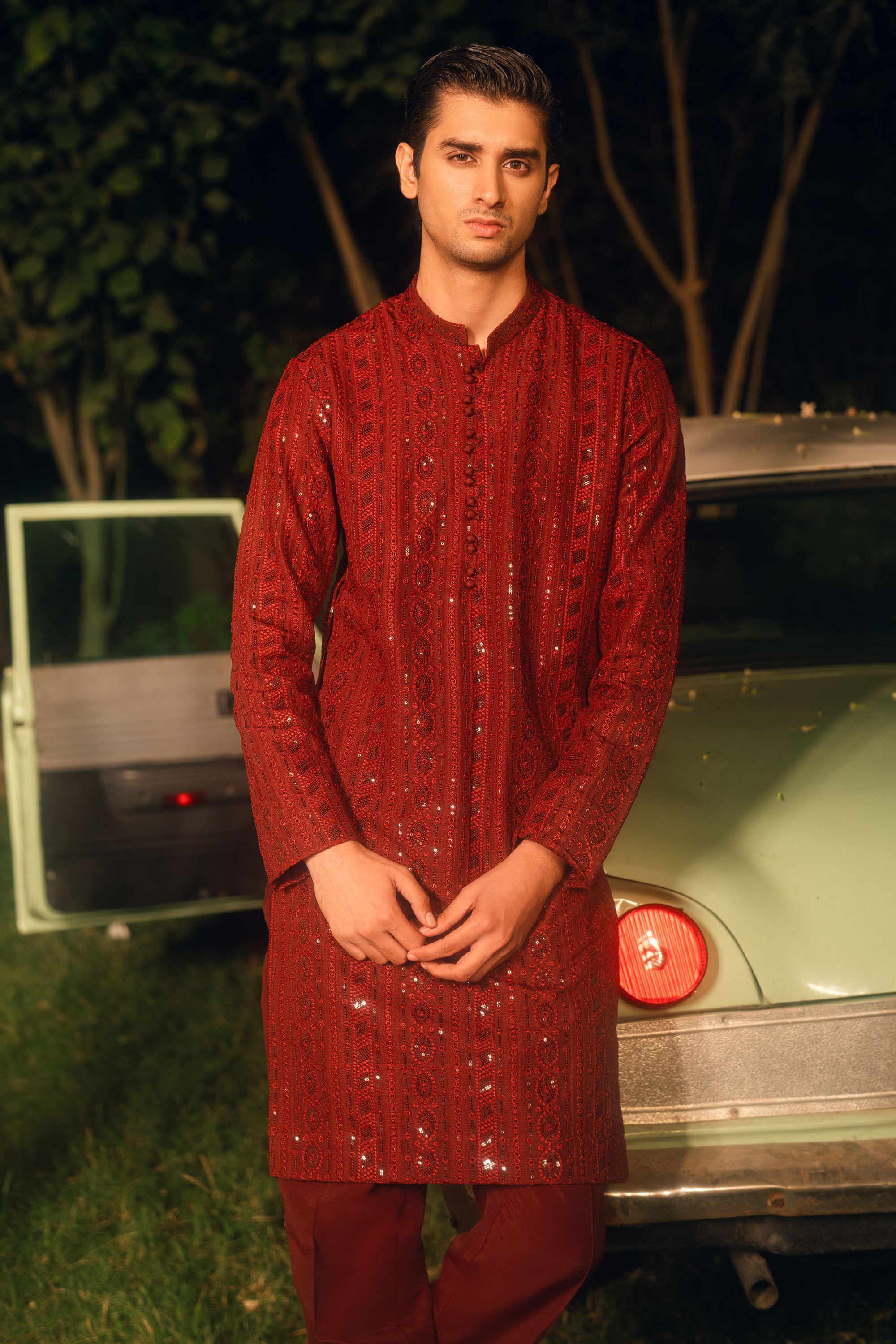 Scarlet Red Tropical Silk Embroidered Kurta Pajama Set