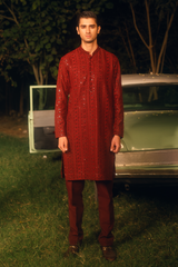 Scarlet Red Tropical Silk Embroidered Kurta Pajama Set