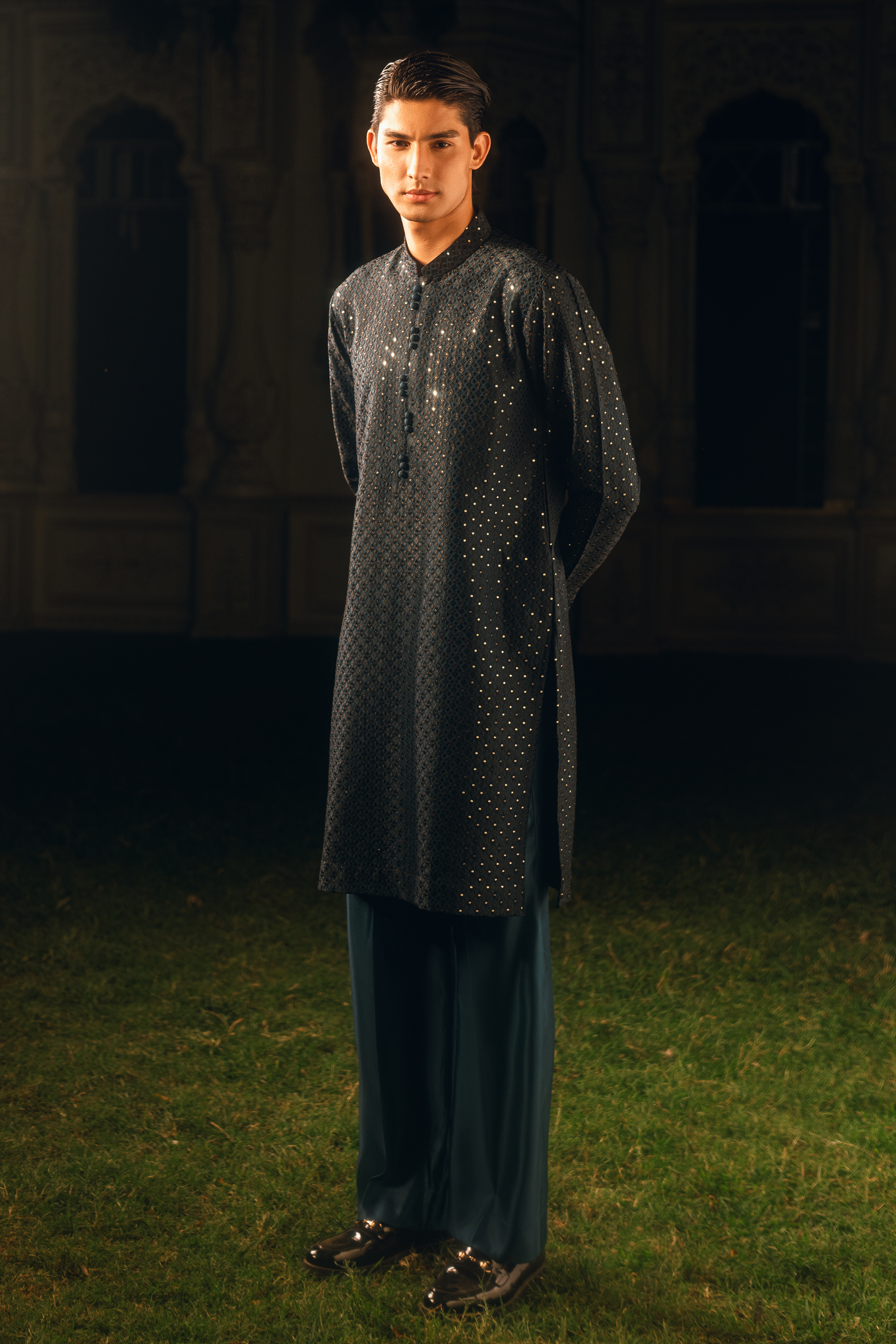 Forest Green Tropical Silk Embroidered Kurta Pajama Set