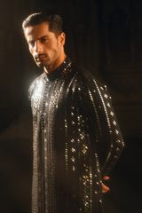 Black Tropical Silk Embroidered Kurta Farshi Shalwar Set