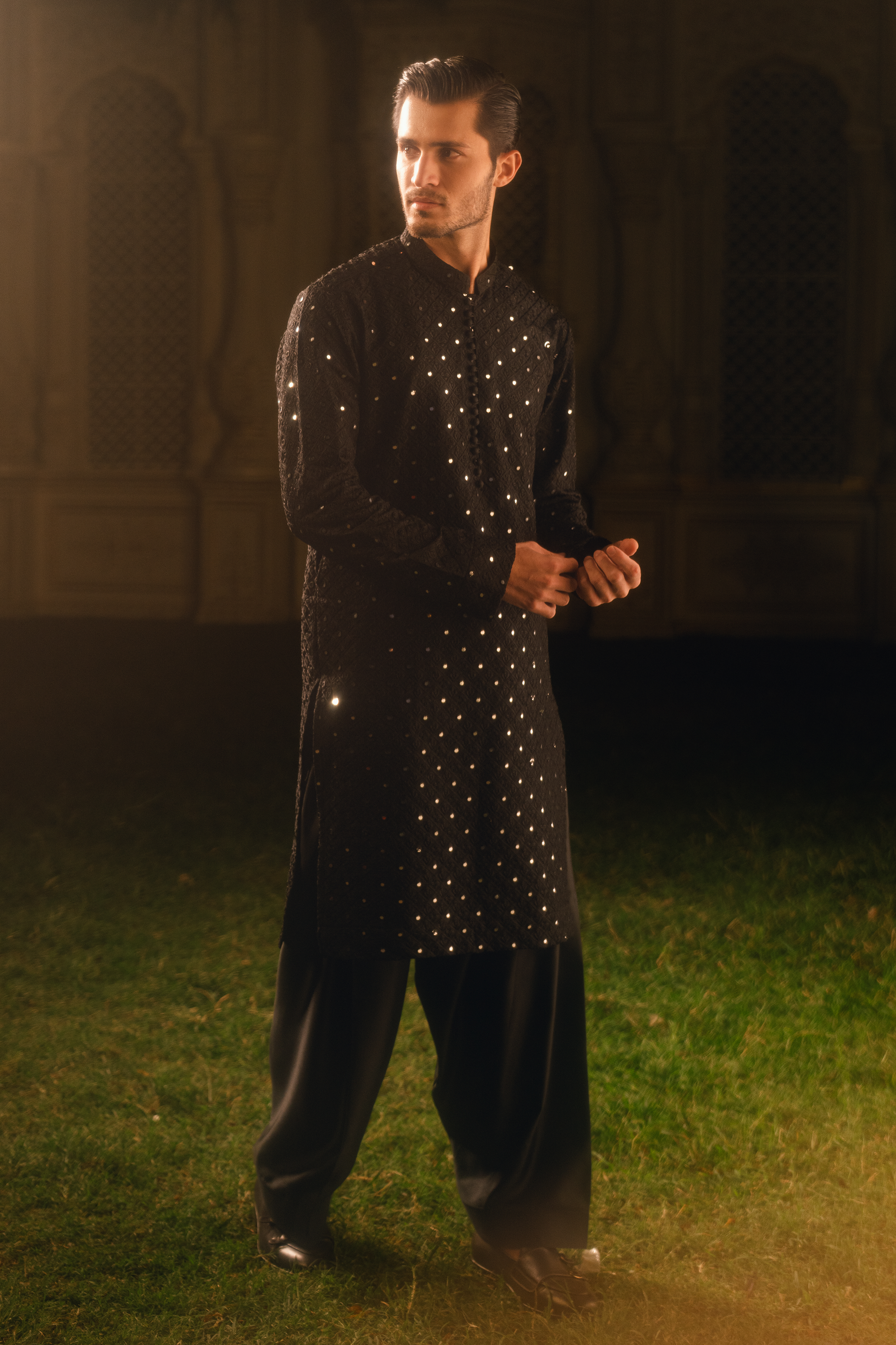 Jet Black Festive Kurta with Farshi Shalwar
