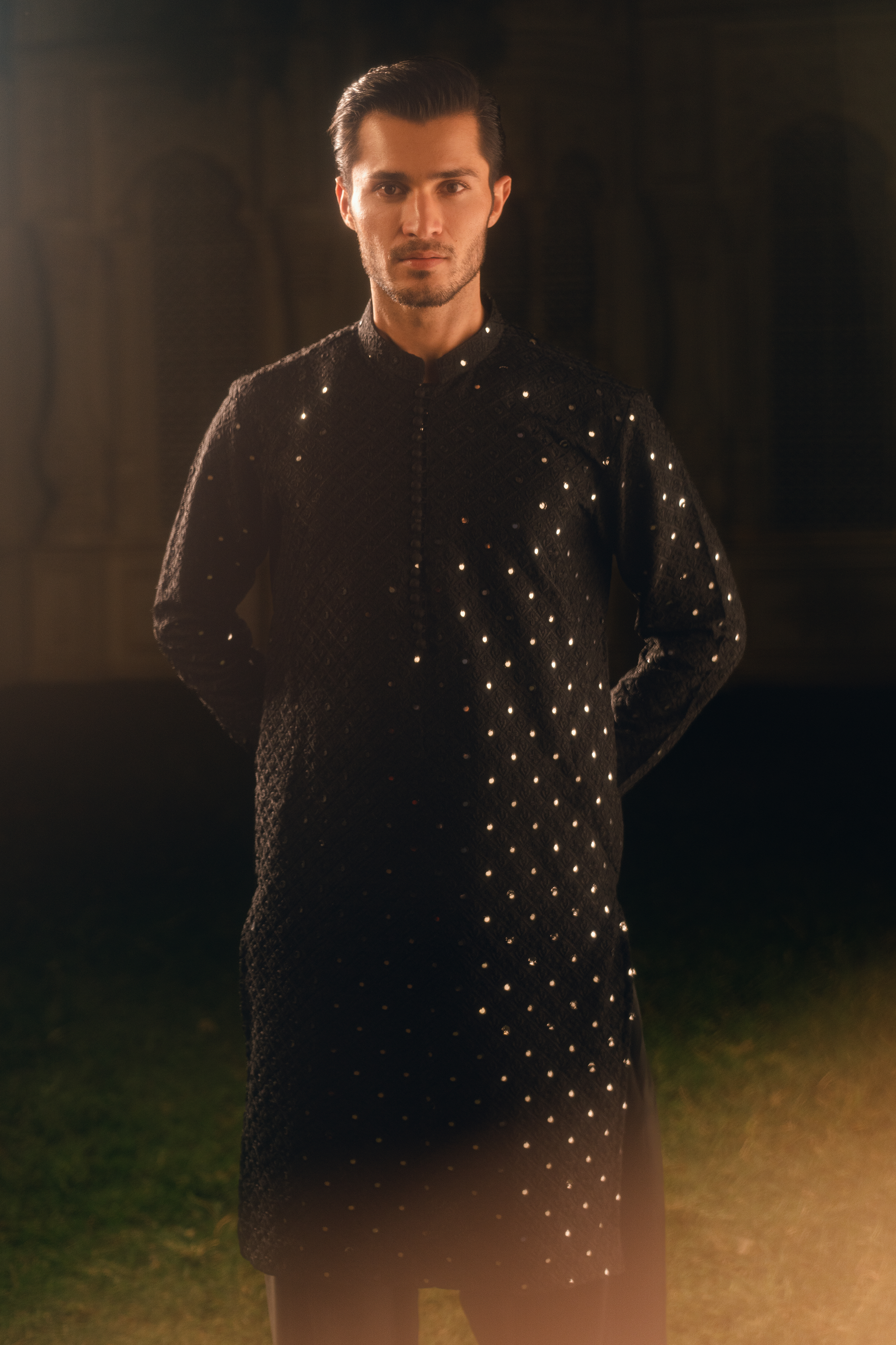 Jet Black Festive Kurta with Farshi Shalwar