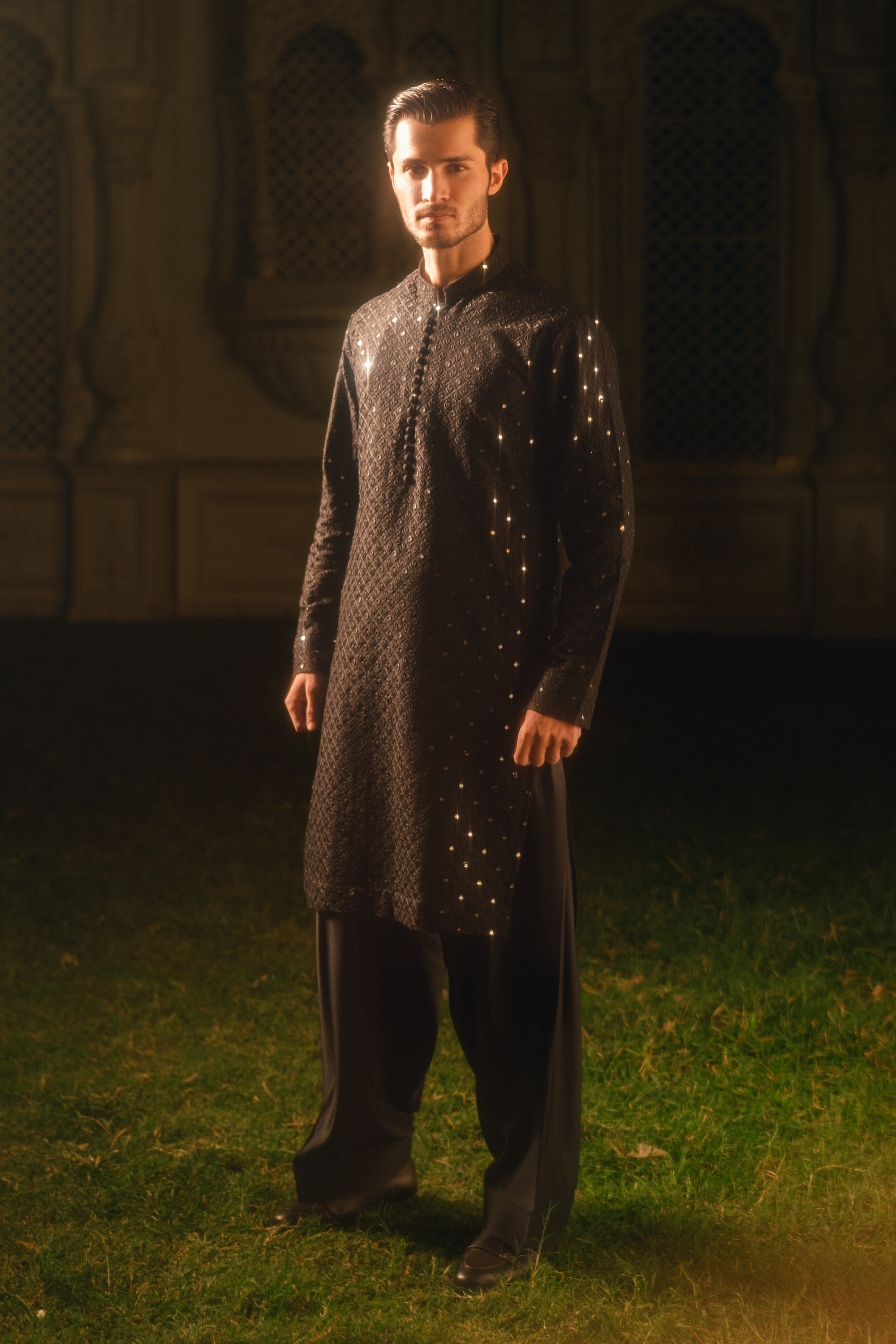 Jet Black Festive Kurta with Farshi Shalwar