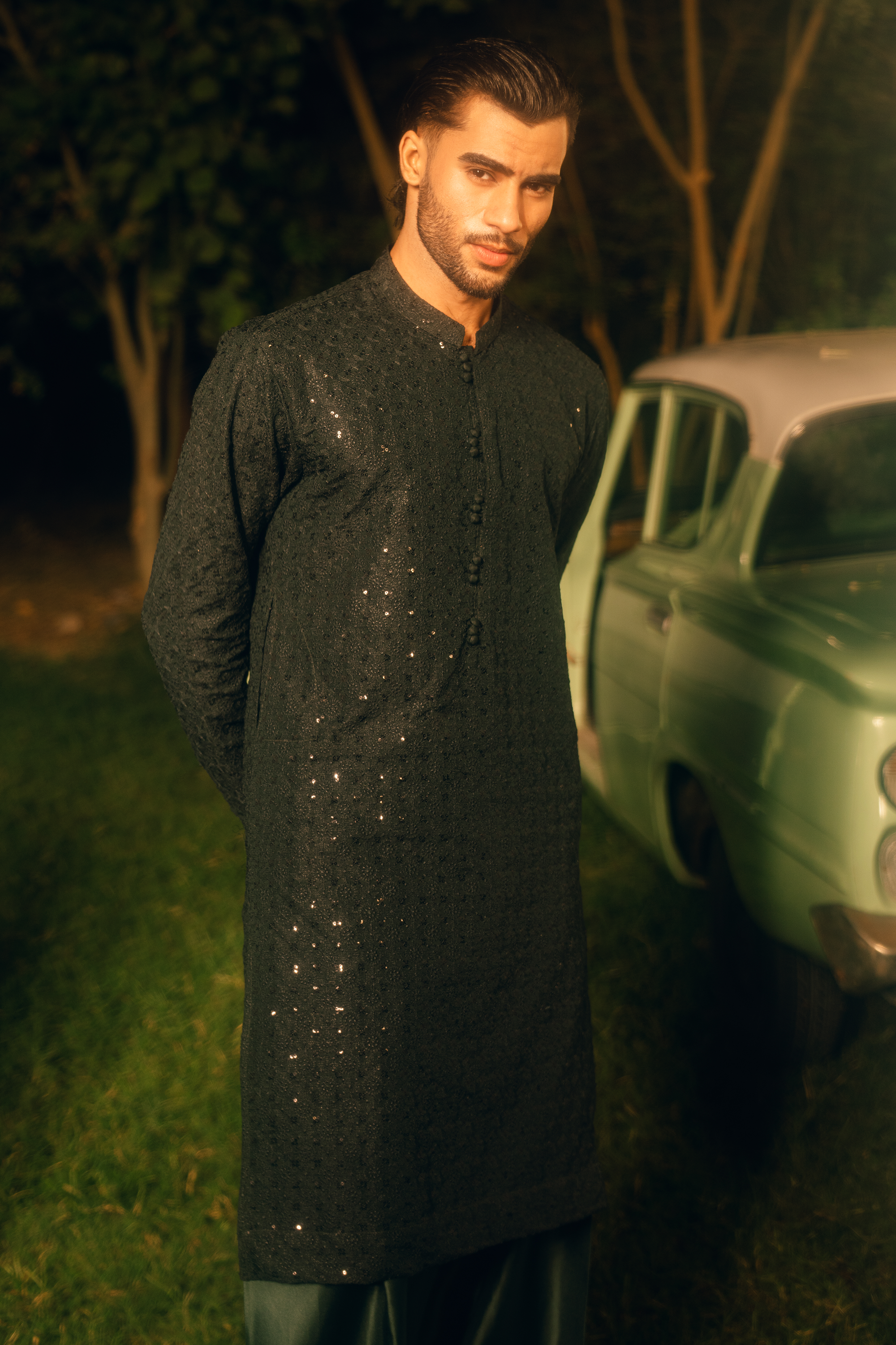 Dark Bottle Green & Deep Teal Blue Tropical Silk Embroidered Kurta Farshi Shalwar Set