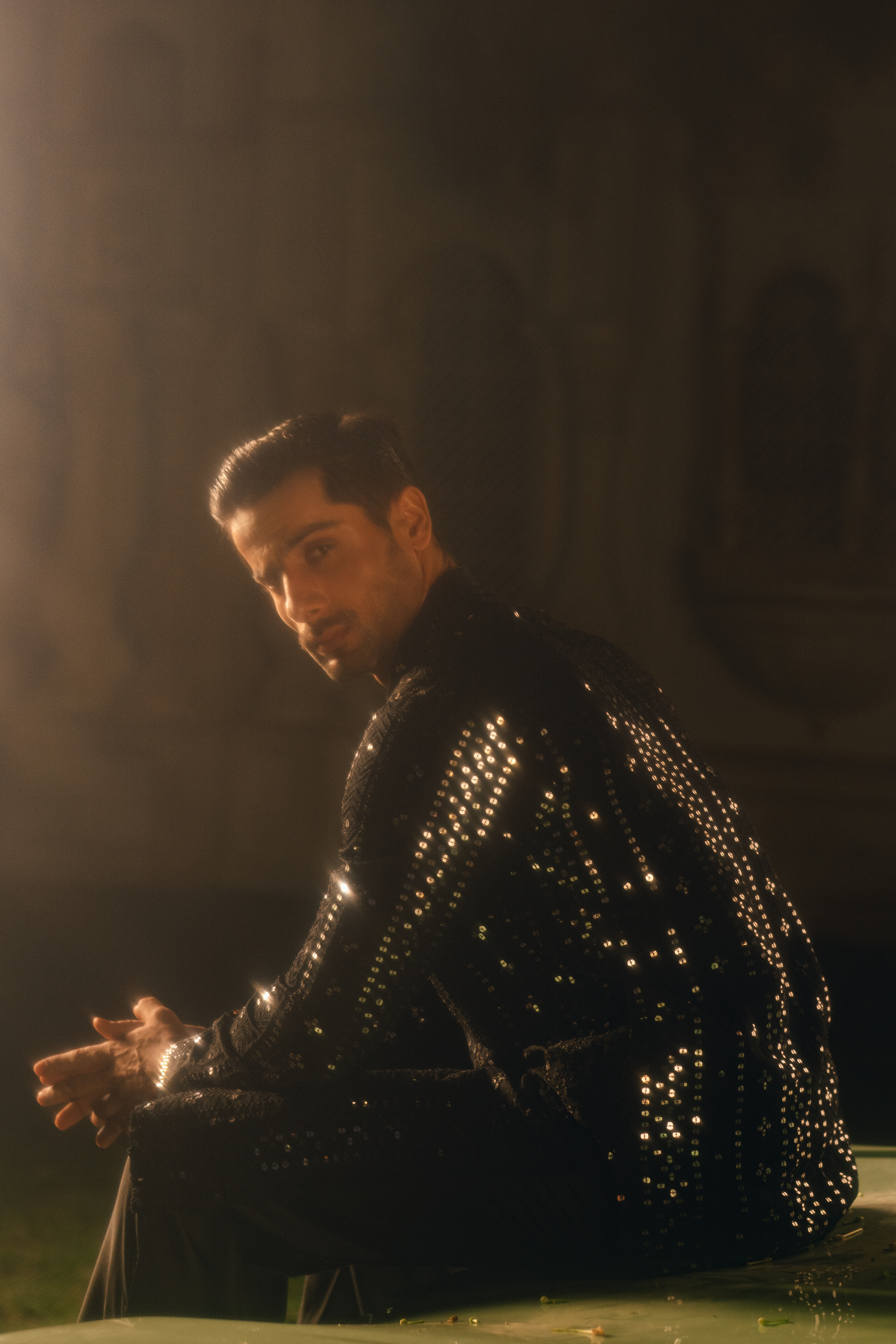 Black Tropical Silk Embroidered Kurta Farshi Shalwar Set