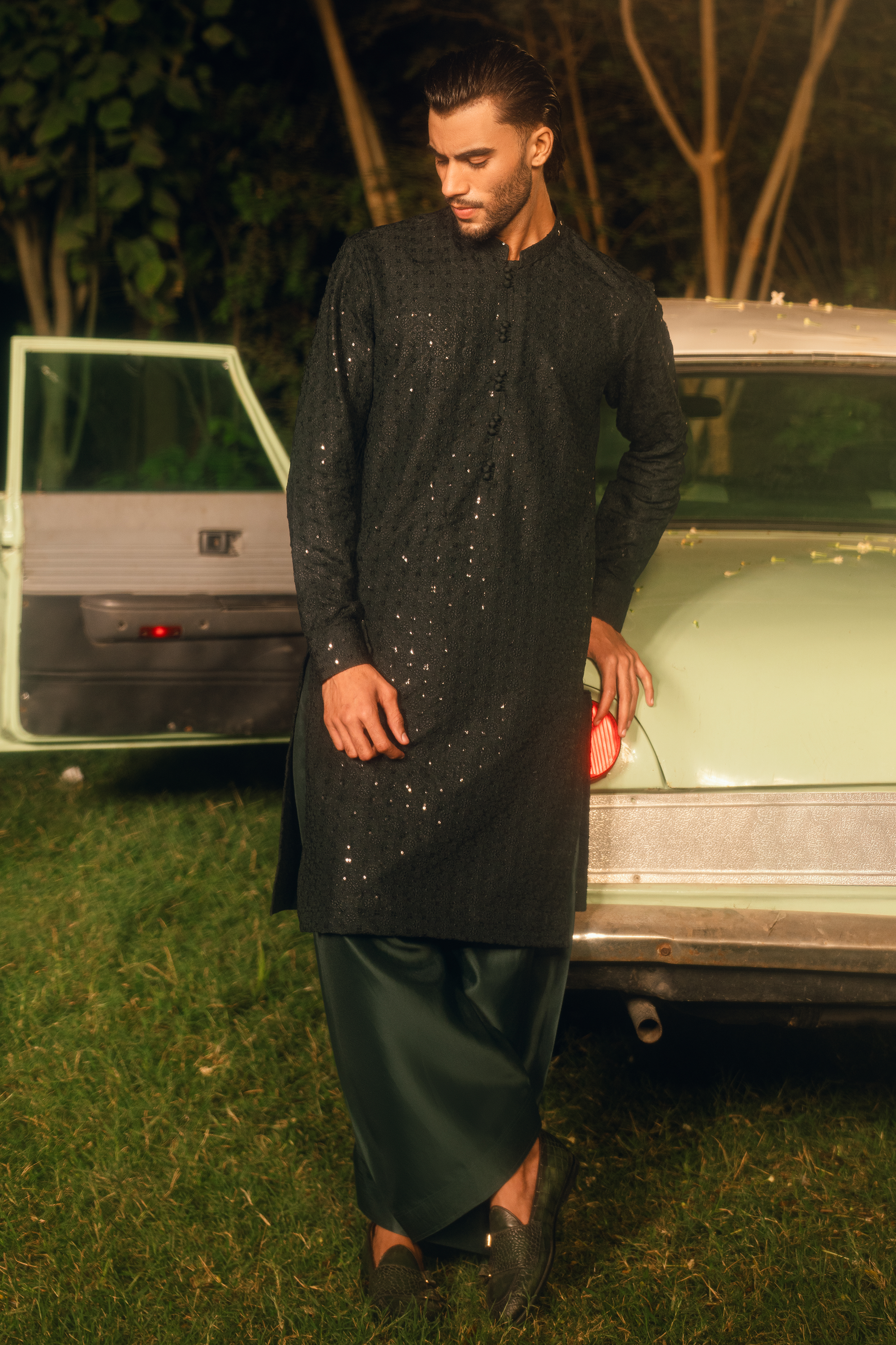 Dark Bottle Green & Deep Teal Blue Tropical Silk Embroidered Kurta Farshi Shalwar Set