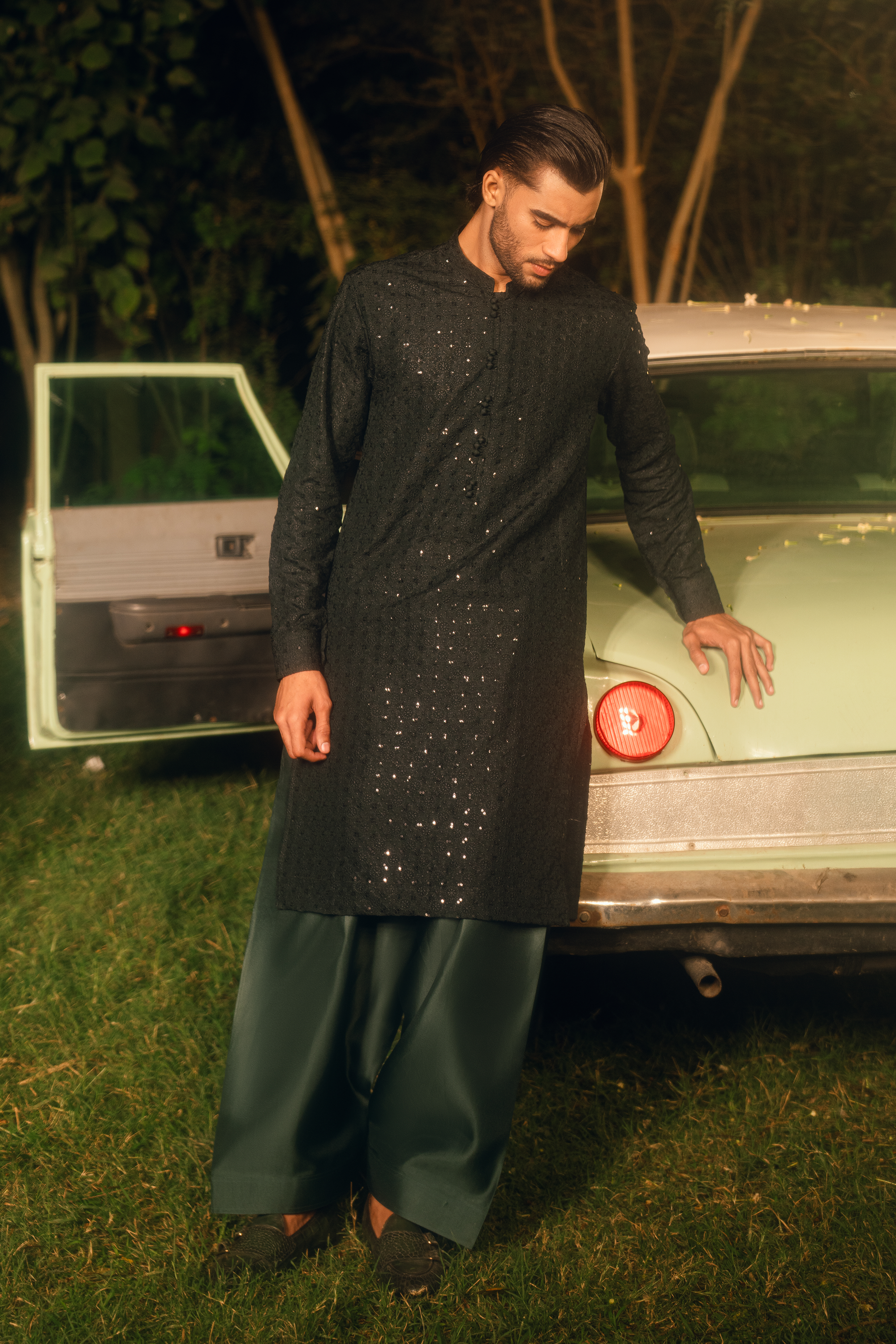 Dark Bottle Green & Deep Teal Blue Tropical Silk Embroidered Kurta Farshi Shalwar Set